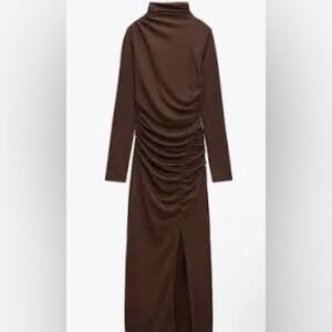 Zara Brown Ruched mock Neck Sheath Dress